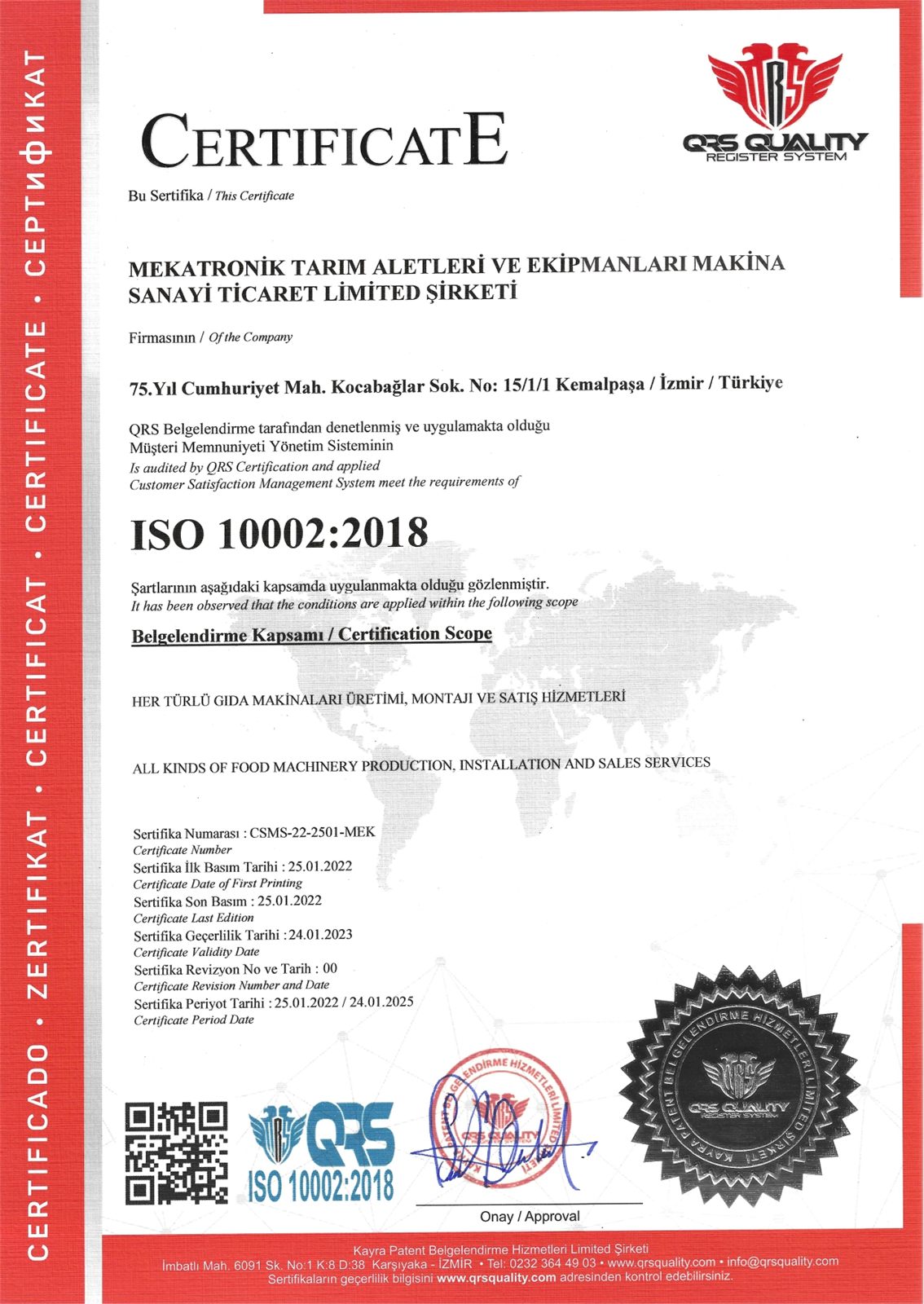 Scan of the ISO 10002 certificate