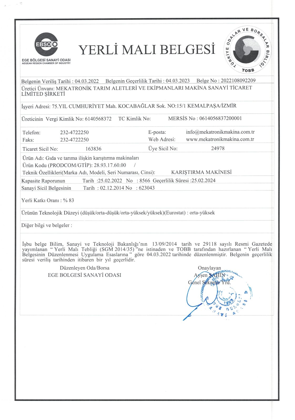 Scan of the Mixing Machine certificate