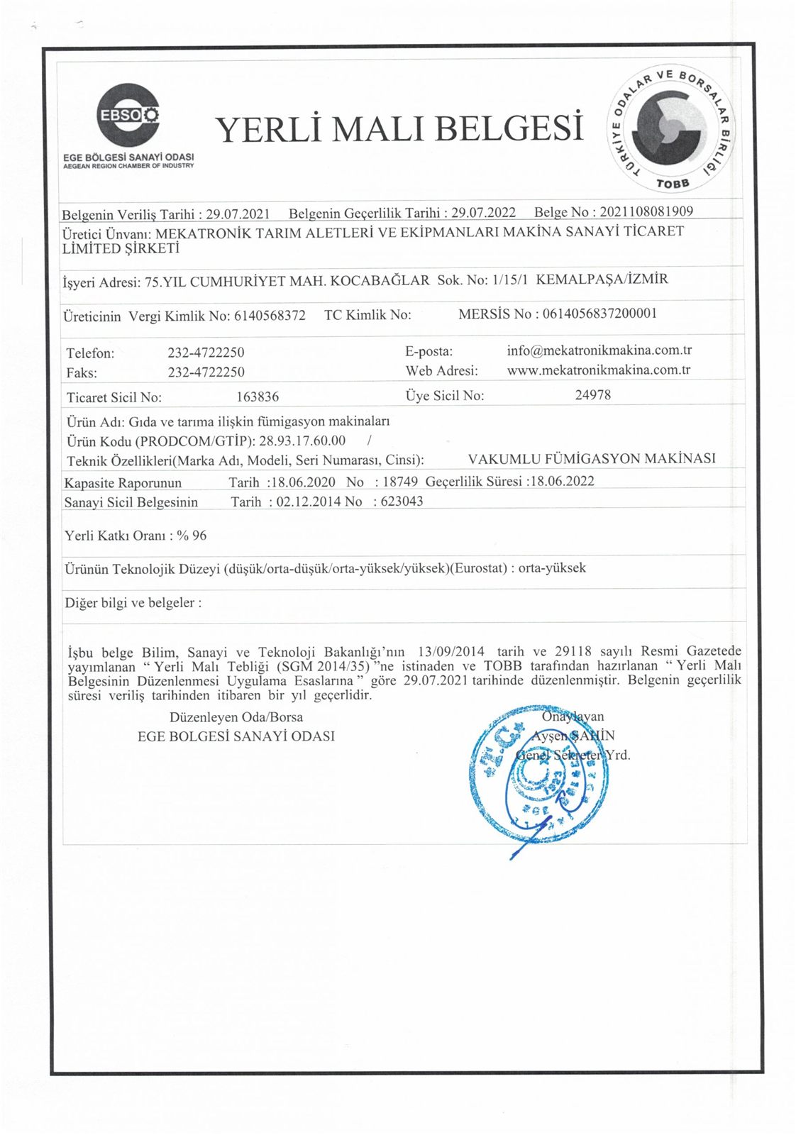 Scan of the Vacuum Fumigation certificate