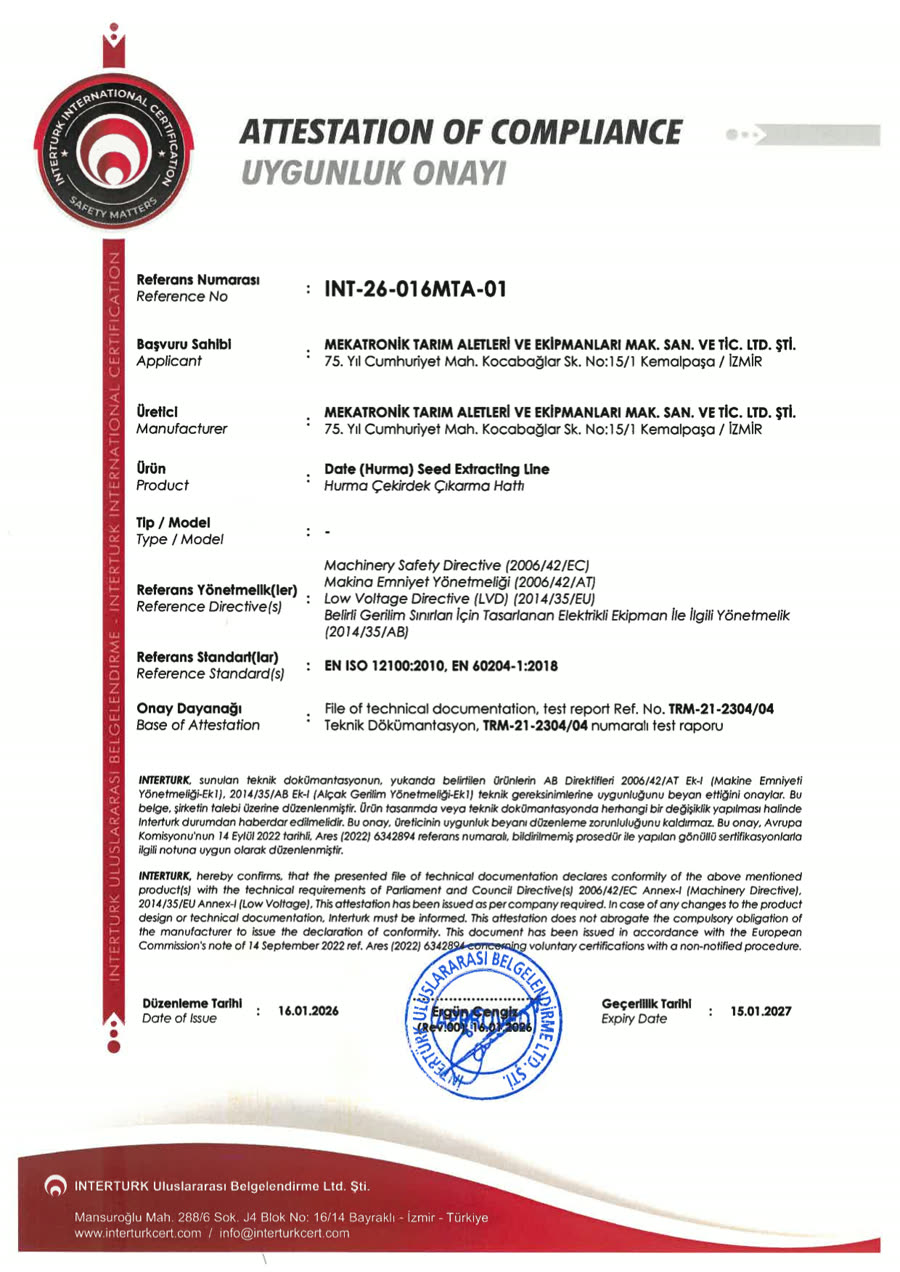 Scan of the Date Seed Extracting Line certificate