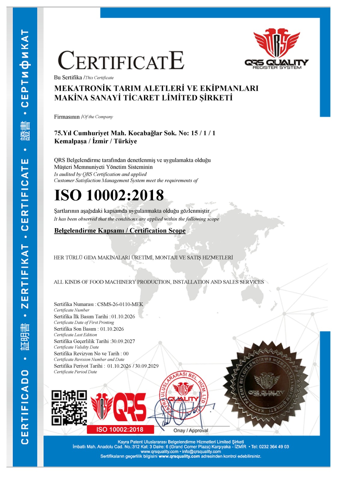 Scan of the ISO 10002:2018 certificate