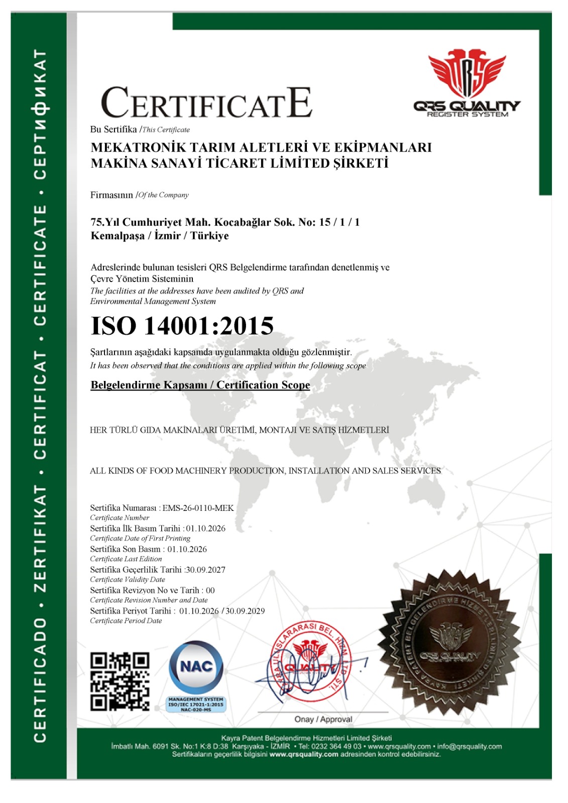 Scan of the ISO 14001:2015 certificate