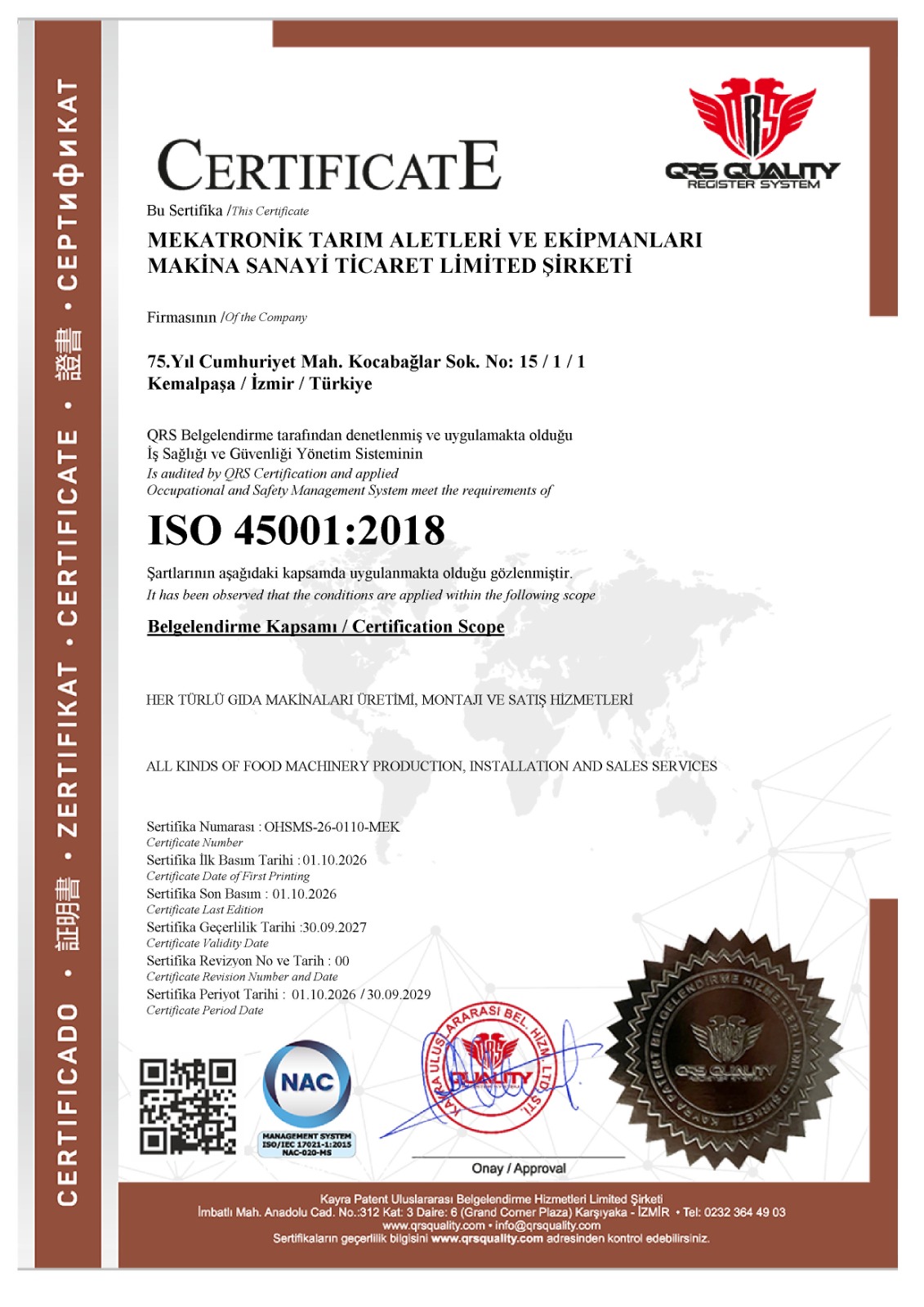 Scan of the ISO 45001:2018 certificate