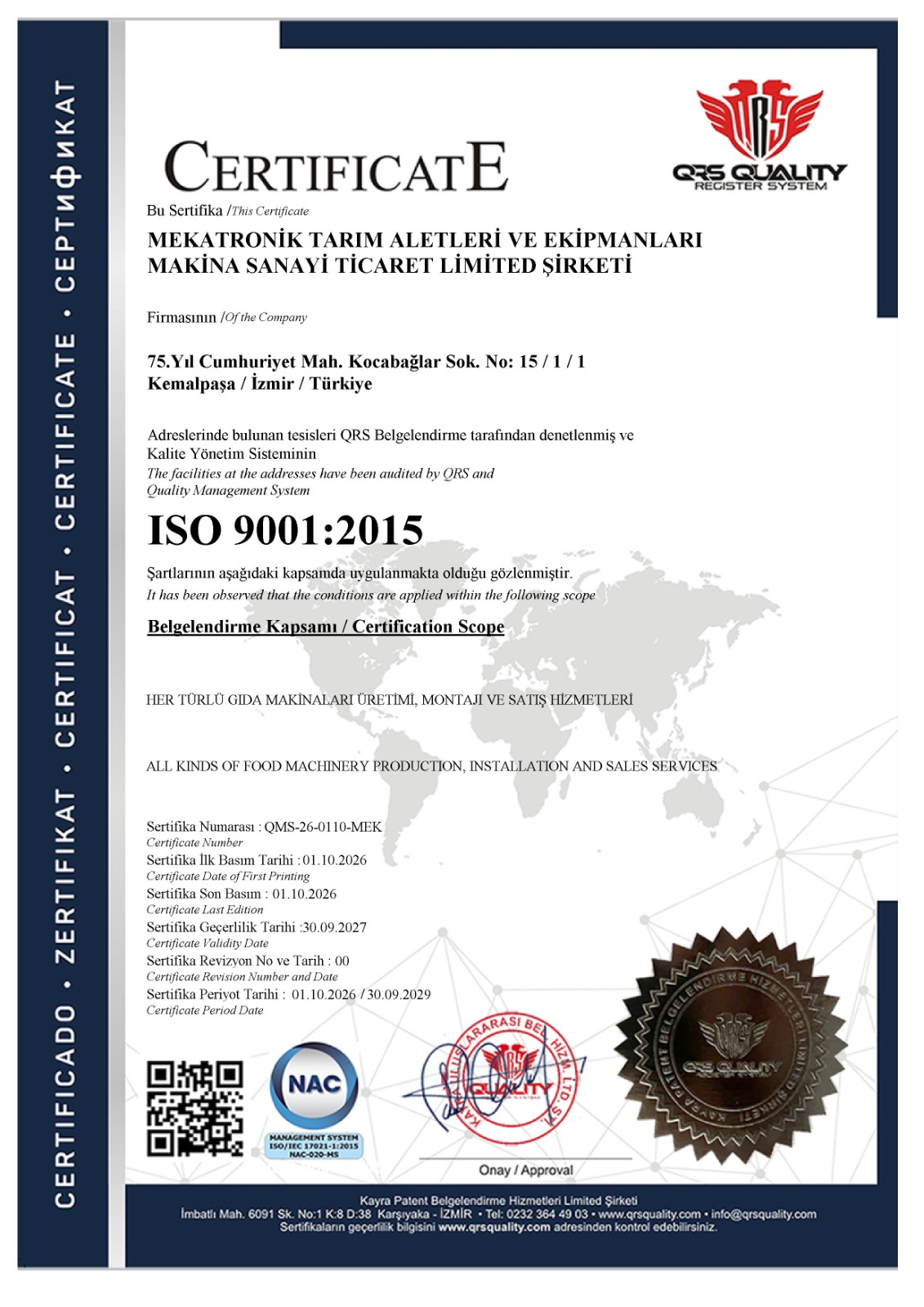 Scan of the ISO 9001:2015 certificate